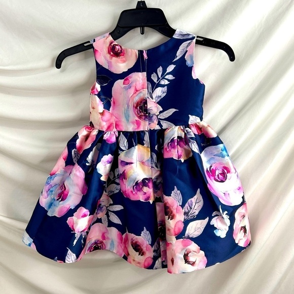 Frais by Nordstrom Girls Party Dress in Matte Satin Blue w Pink Floral Print sz4 - Picture 3 of 6
